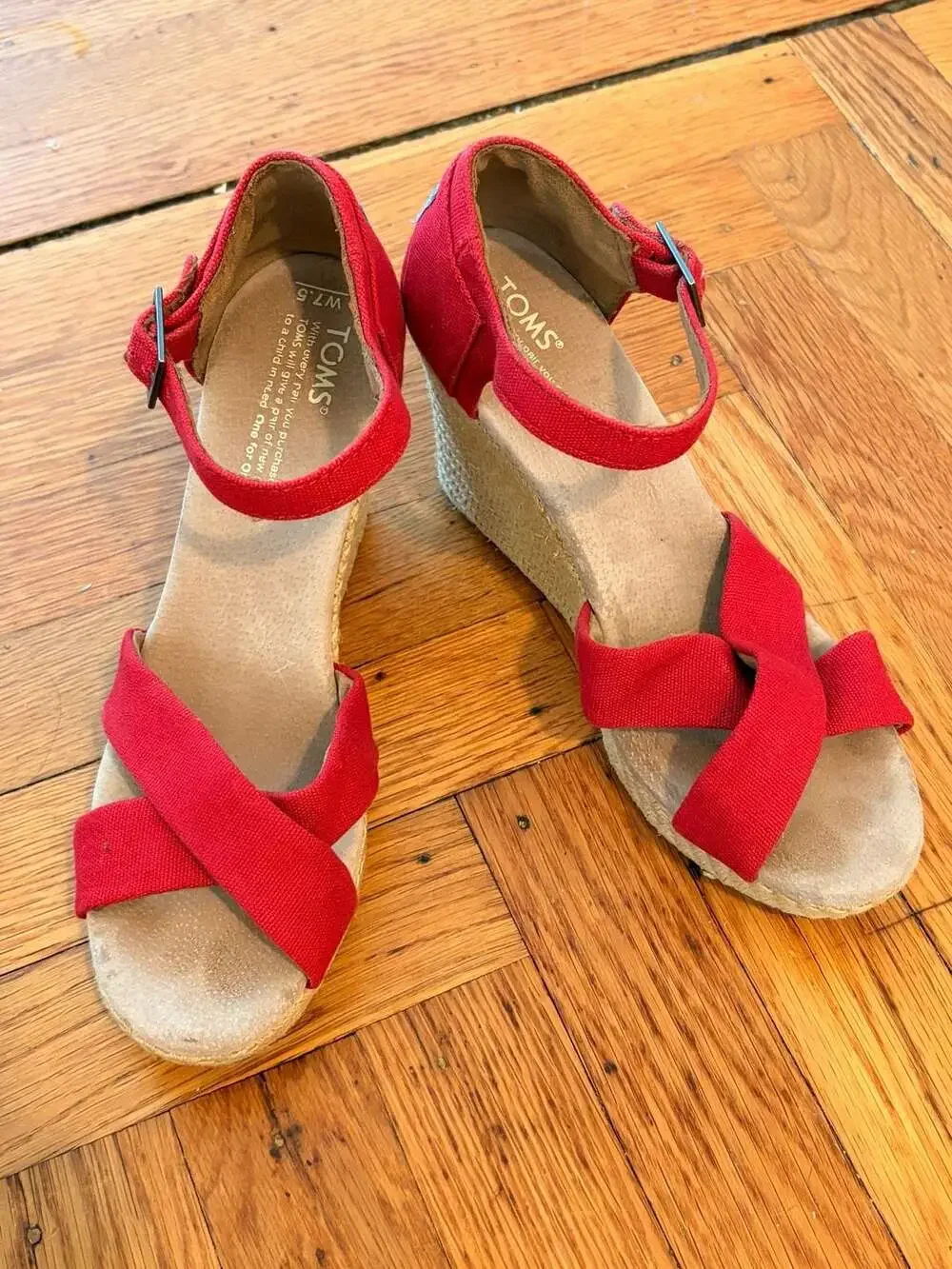 TOMS Red Canvas Espadrille Wedge Sandals Ankle Strap Buckle Summer Workwear 7.5